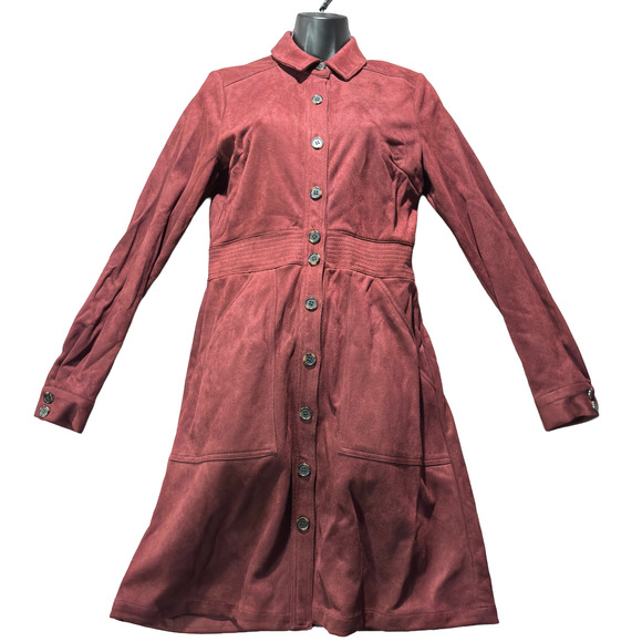 A Loves A Merlot Faux Suede Button Front Long Sleeve Midi Dress Fit & Flare Med. - Picture 1 of 14